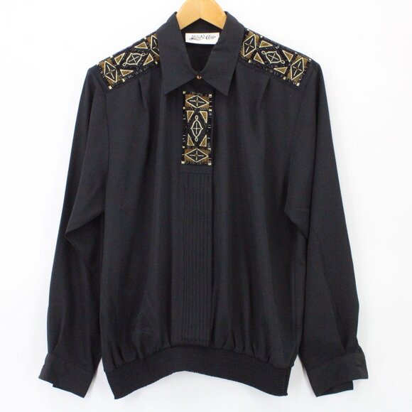 Vintage YVES ST. CLAIR Shirt Womens Black Button Front Western Embroidered Sz 14 - Picture 1 of 9